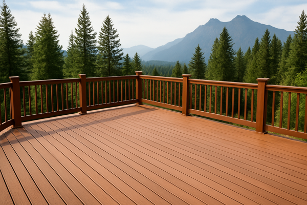 Beautiful wooden deck with mountain views and natural wood railings