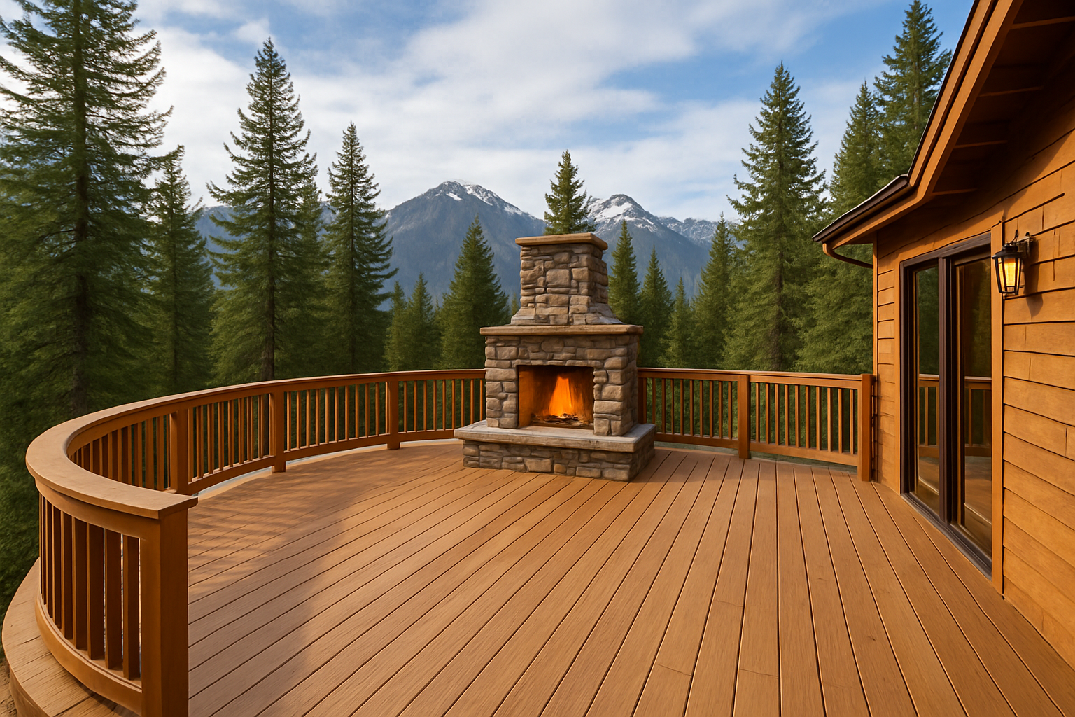 Beautiful curved wooden deck with stone fireplace and mountain views