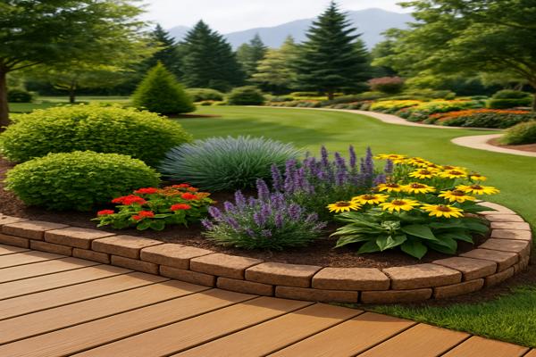 Beautiful landscaped garden with colorful flowers, stone borders, and professional design