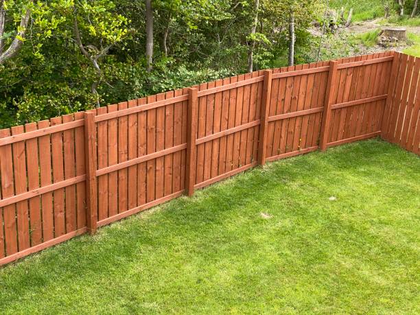 Traditional cedar privacy fence with rich brown stain and vertical board construction on well-maintained lawn