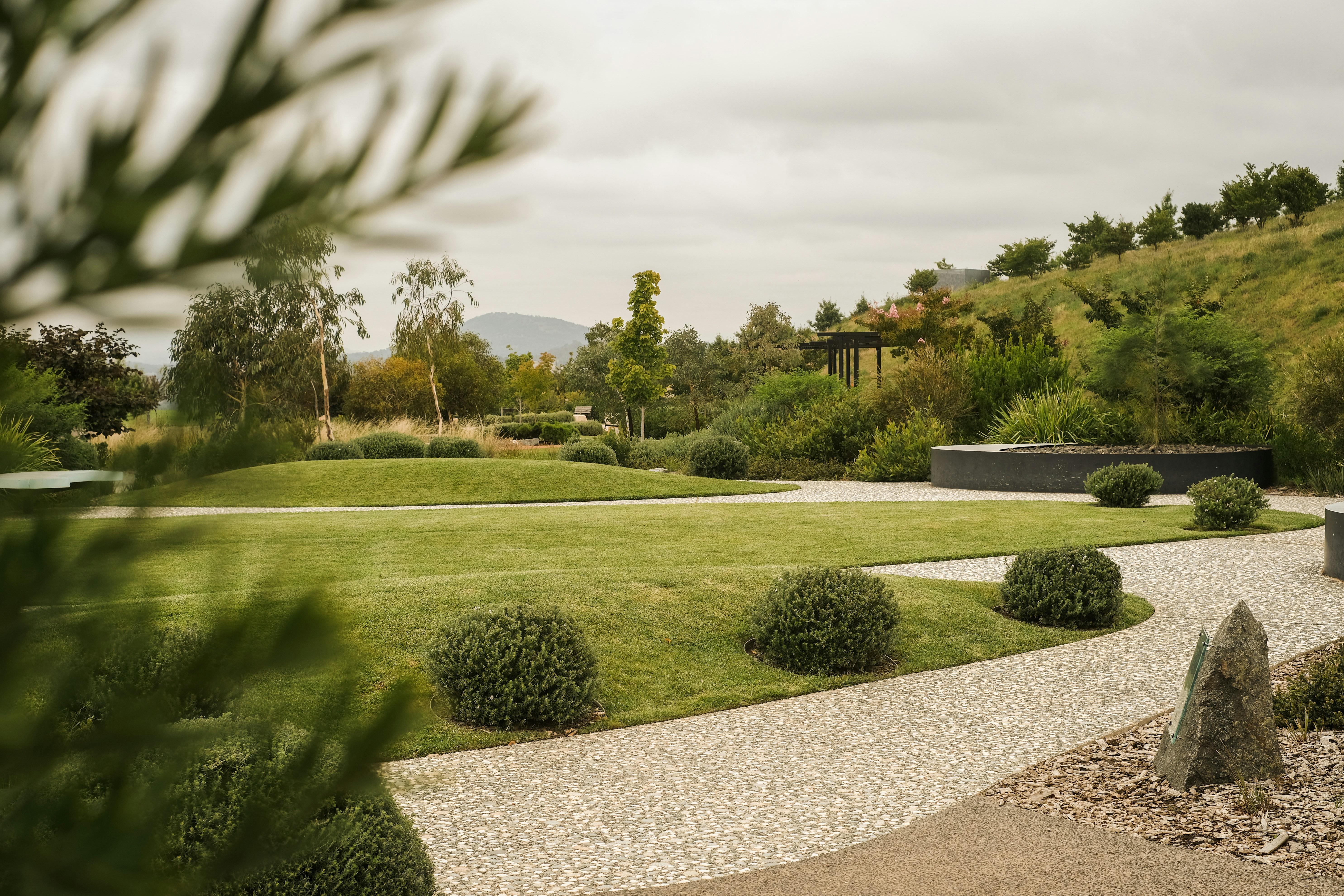Contemporary landscape design with curved gravel pathways, geometric lawn areas, and modern concrete planters